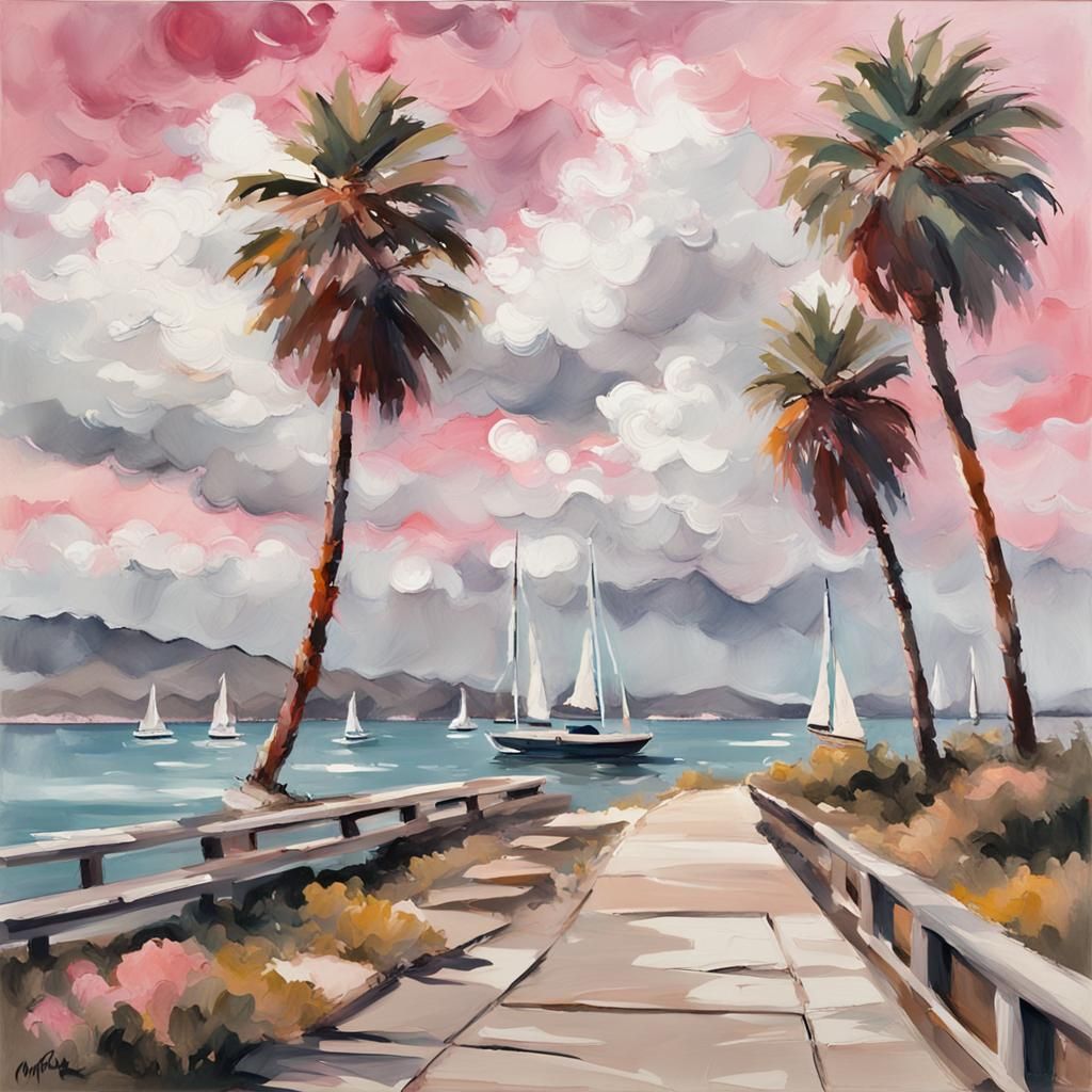 California Coastal Scene in Gouache Style