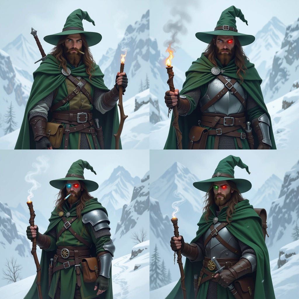 Sorcerer Smoking on Snowy Mountain Trail