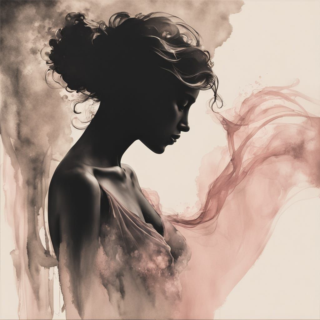 Ethereal Ink Wash Portrait of a Captivating Woman