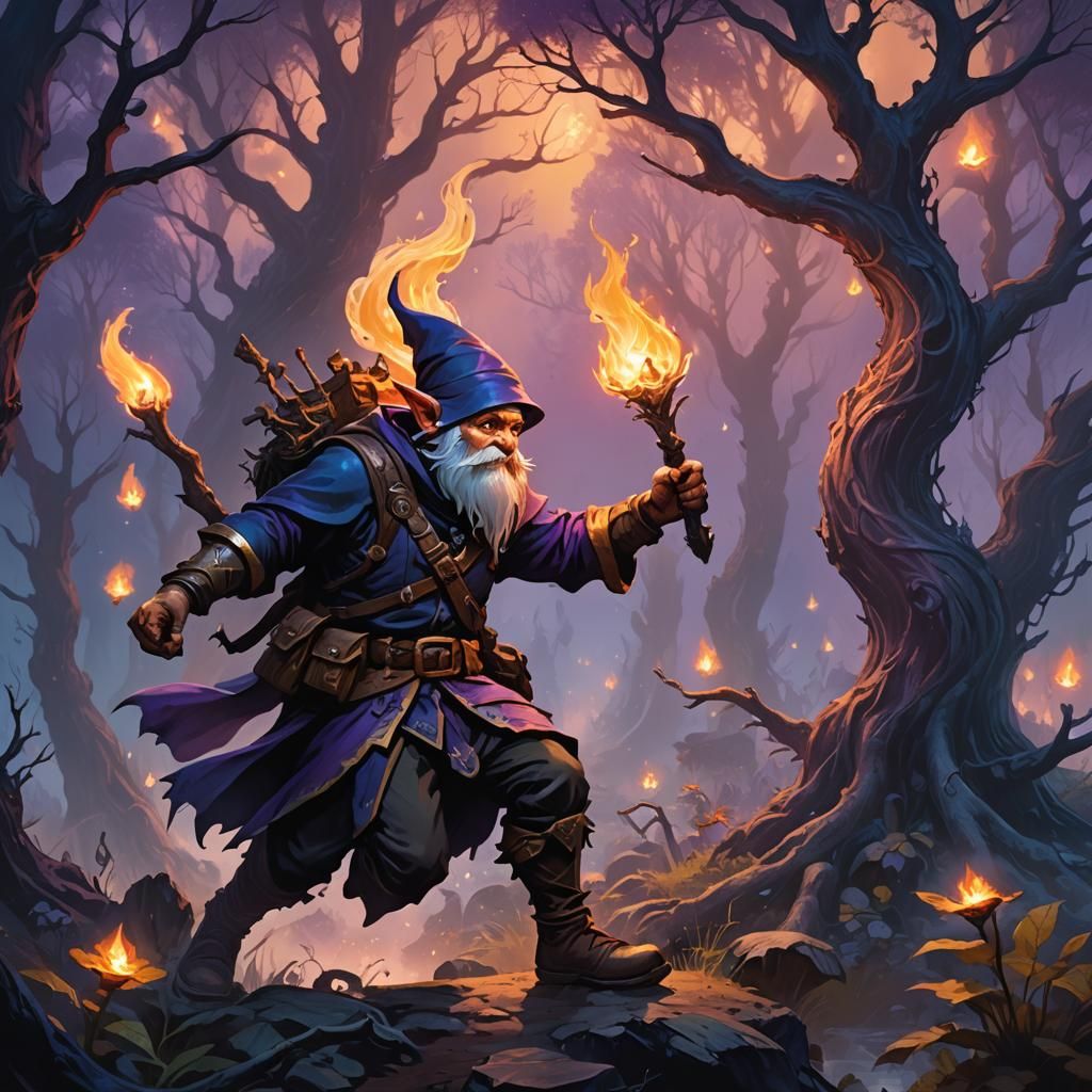 Gnome Ranger vs. Dwalvine Mage in Dark Fantasy Art