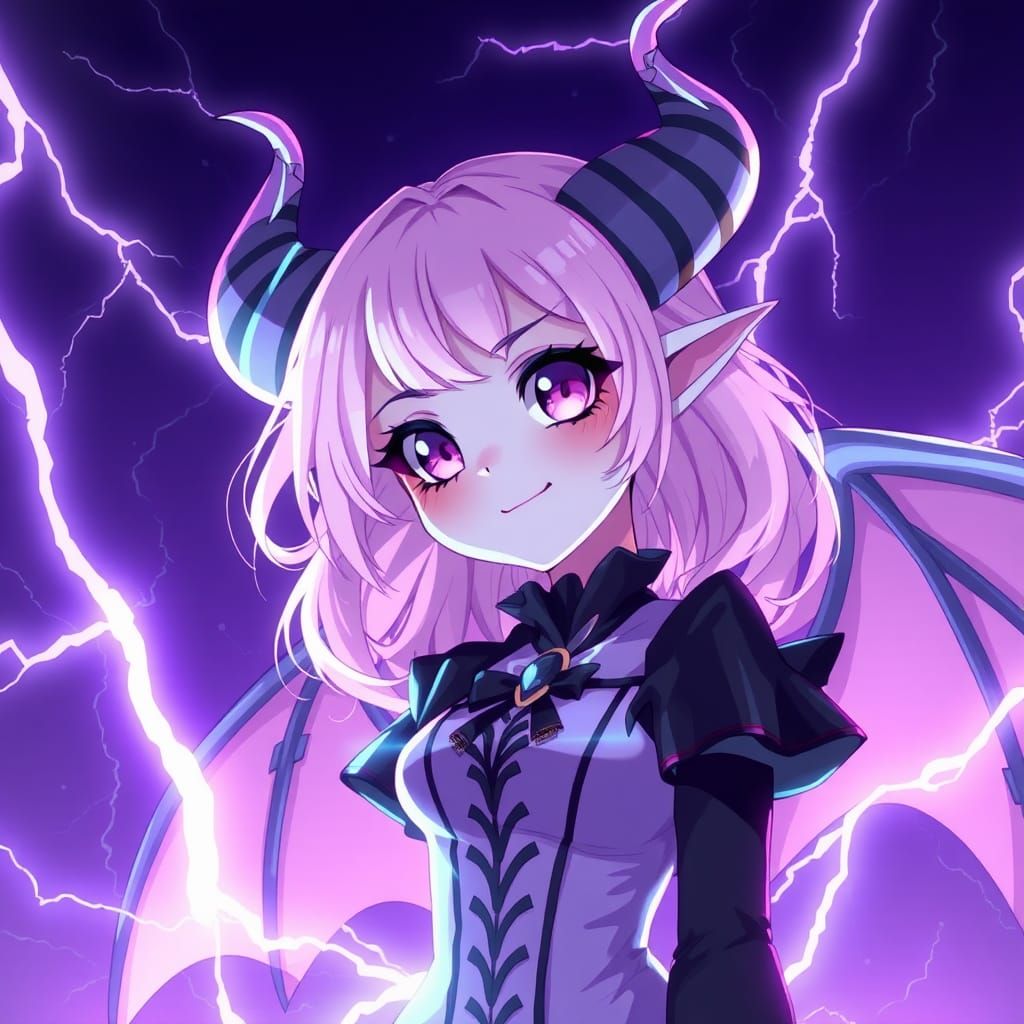 Smiling Demon in Lilac Lightning, Cel-Shaded Anime Art
