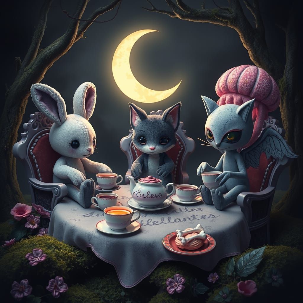 Dark-Kawaii Midnight Tea Party in a Hollow Glade