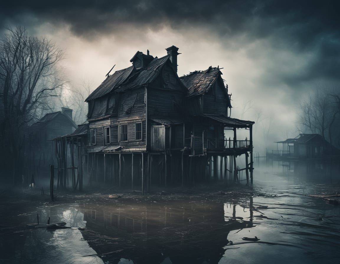 Misty Flooded Town in Dark Fantasy Photography