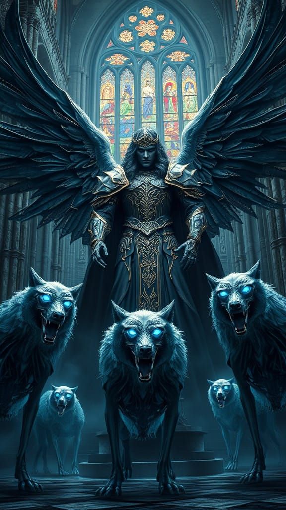 Majestic Archangel Amidst Desperate Wolves in Gothic Cathedr...