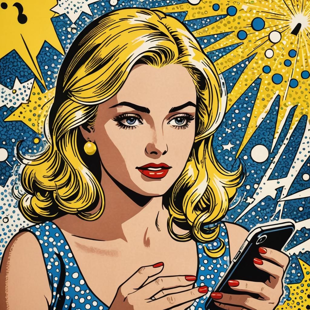 Blonde Woman with iPhone in Roy Lichtenstein Pop Art Style