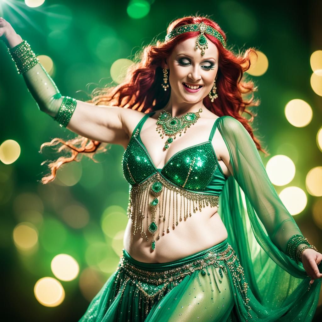 Plus-Size Redhead Belly Dancer in Green Costume
