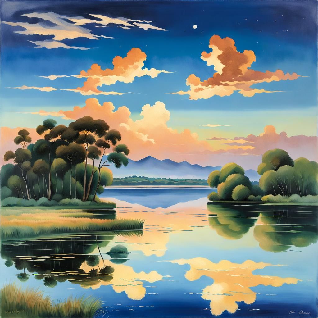 Tranquil Lake Reflects Celestial Sky at Dawn