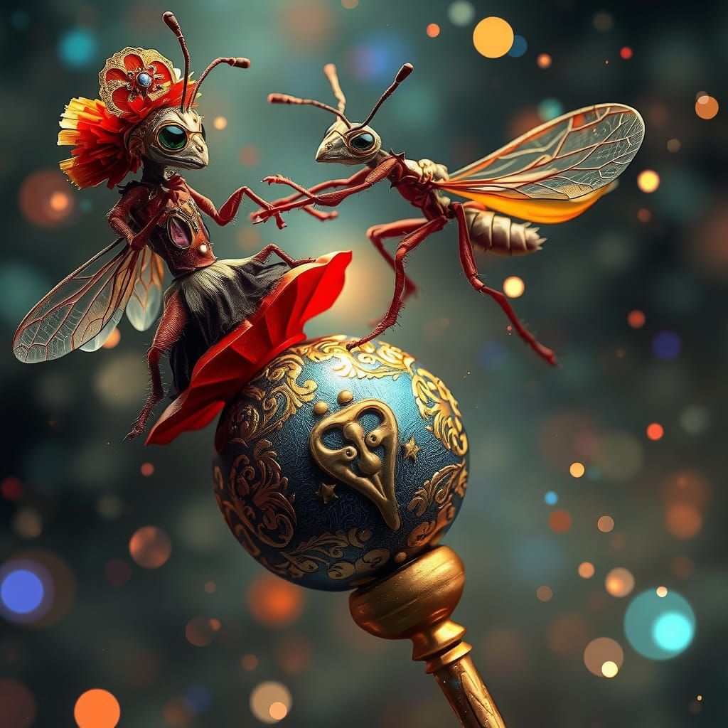 Intricately Dressed Ants Dance on Antique Golden Pin in Hype...