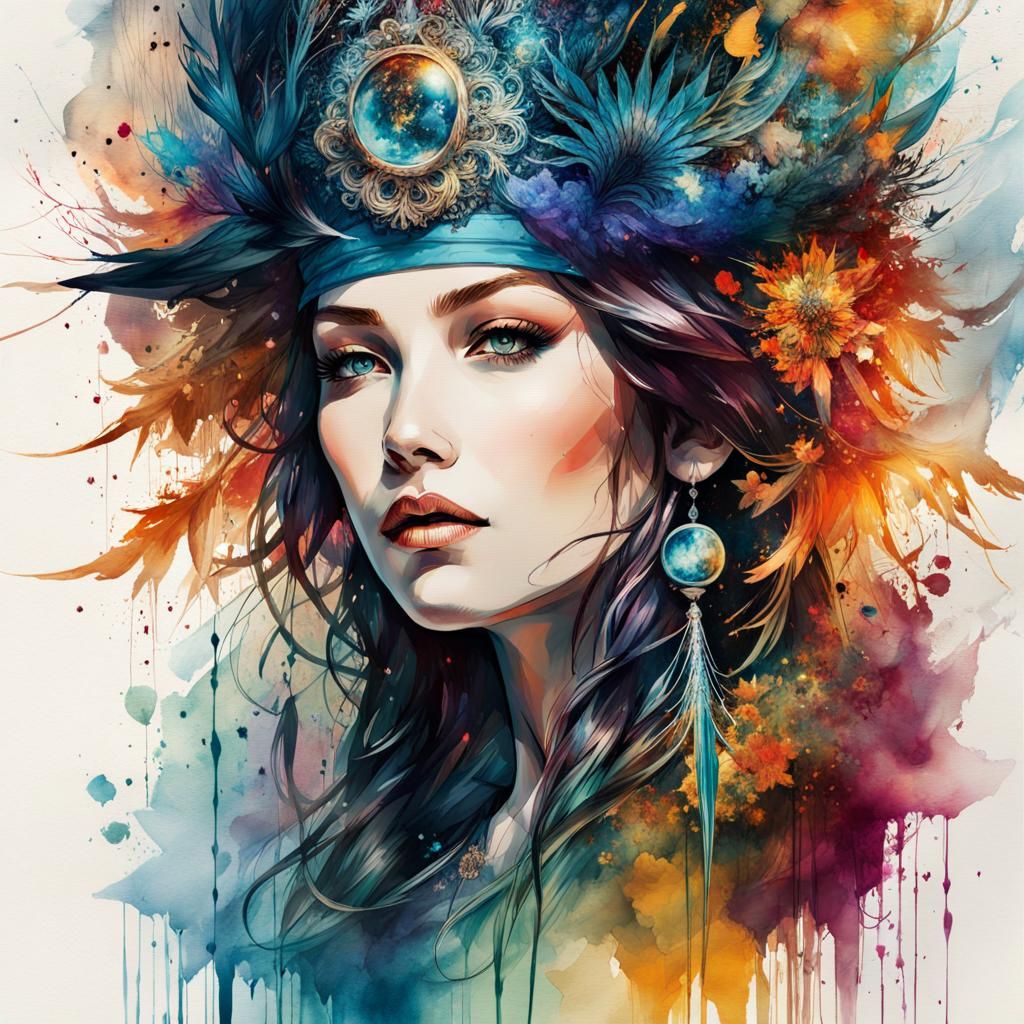 Spooky Sorceress Double Exposure Watercolor Art