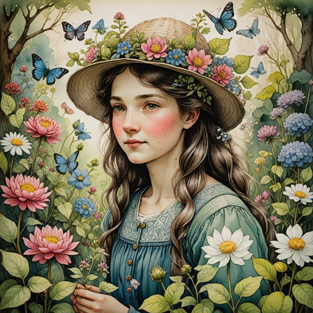 Enchanted Botanical Garden in Whimsical Inkwash Style