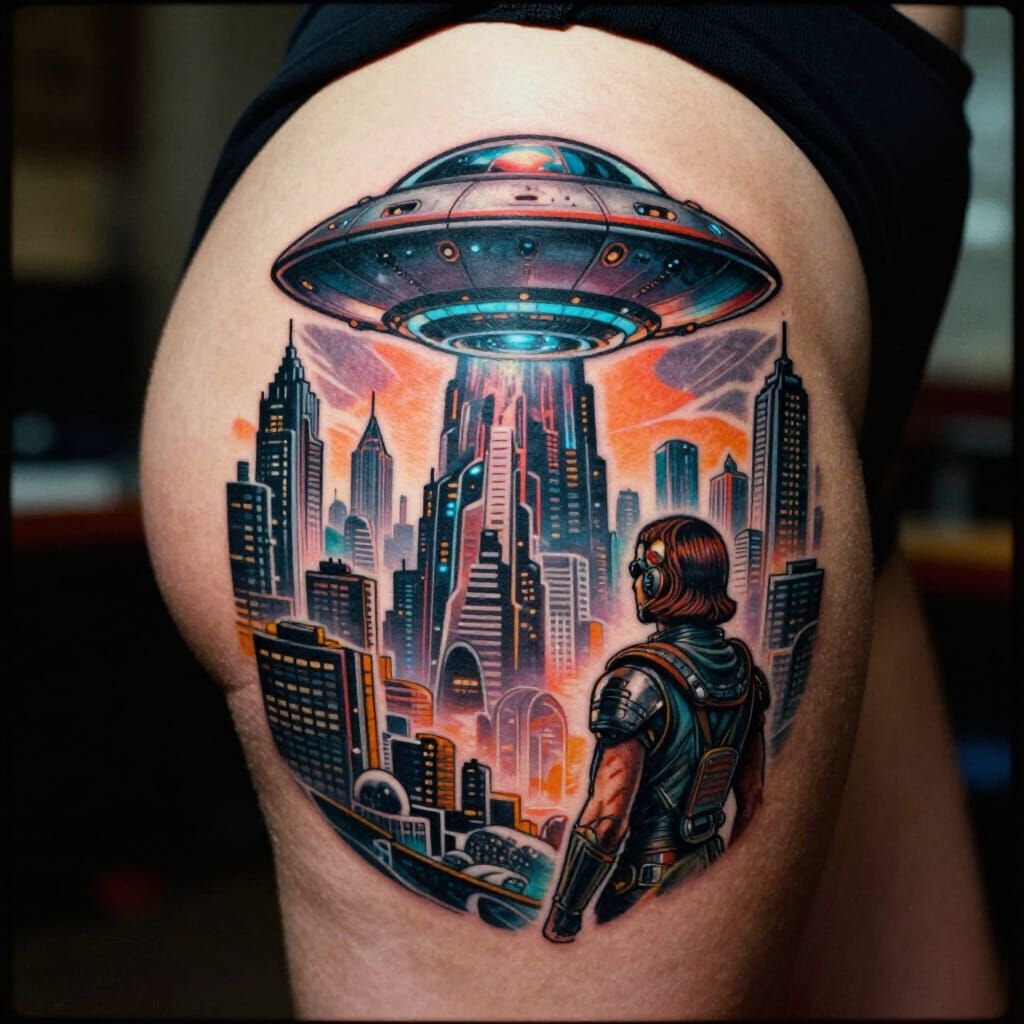 Sci-Fi Tattoo Design: UFO Over Futuristic Megapolis