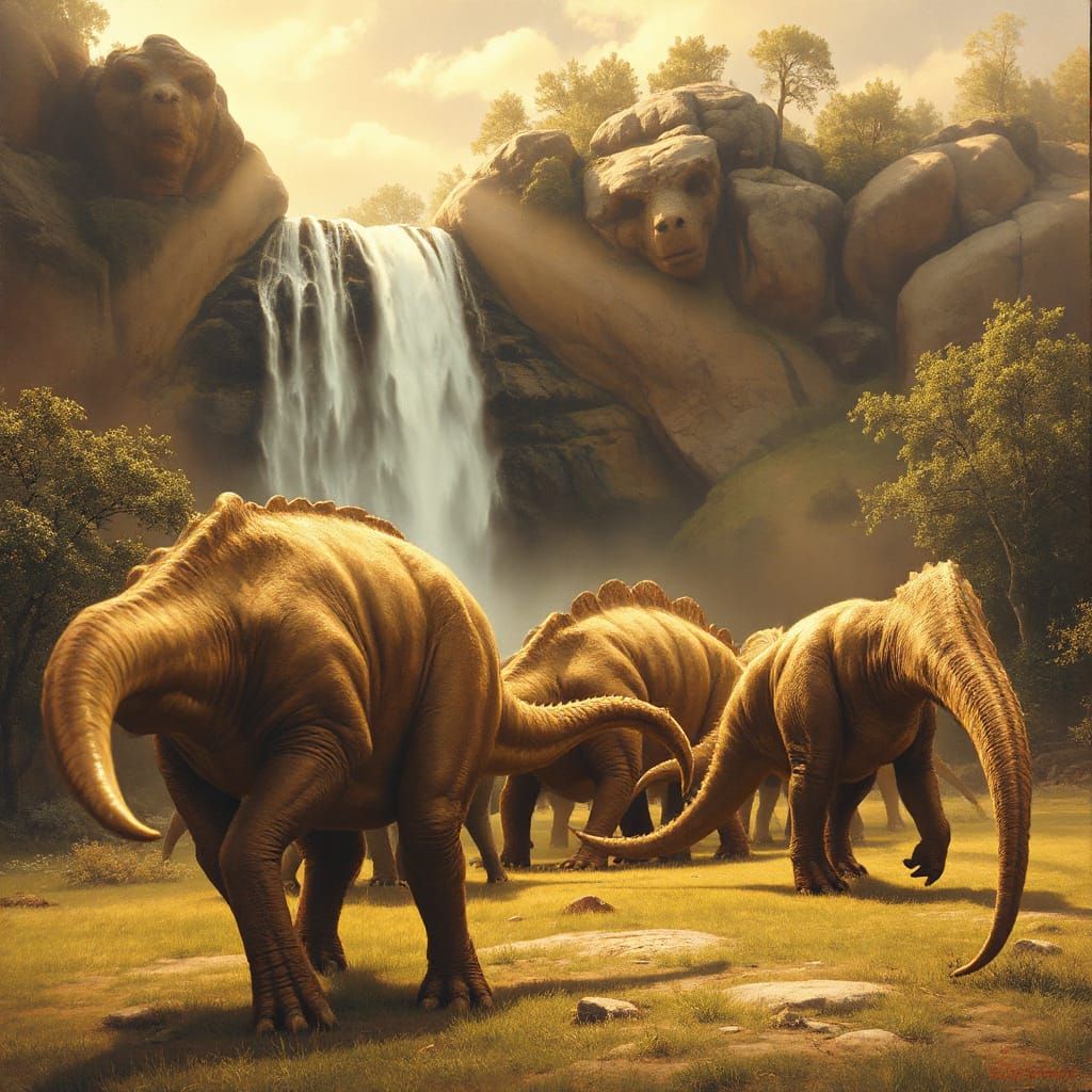 A herd of dinosaurs graze near a waterfall. Where are their heads? Fourth legs?