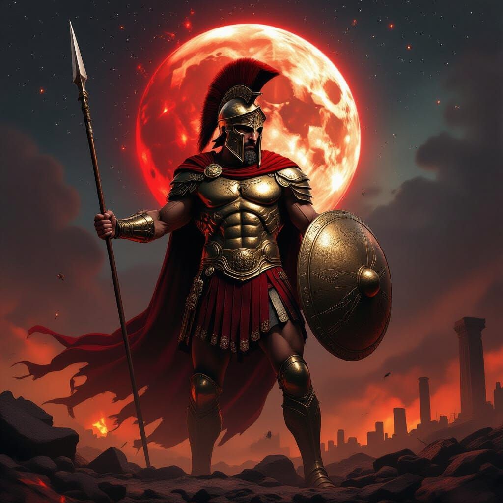 Ares, Greek God of War, in Fiery Aura with Mars