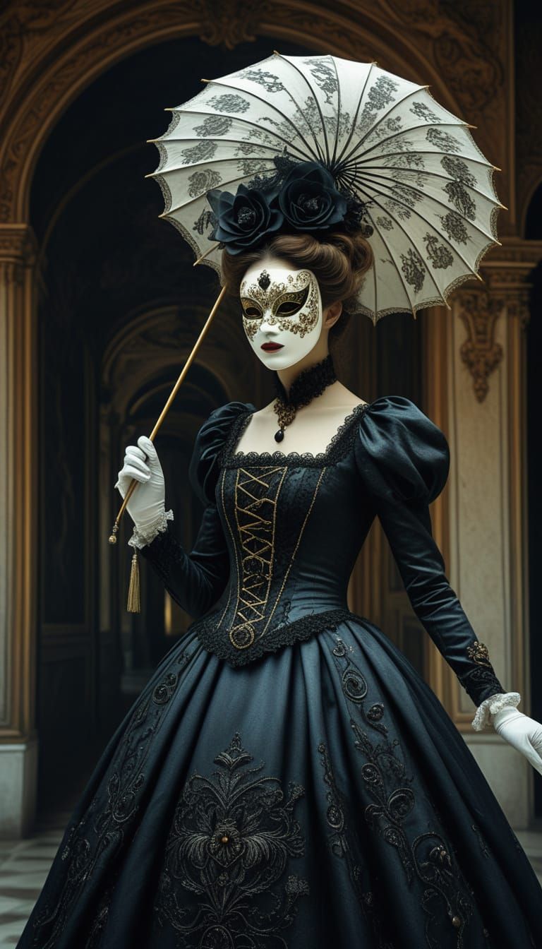 Victorian Lady in Venetian Mask with Owl Veil