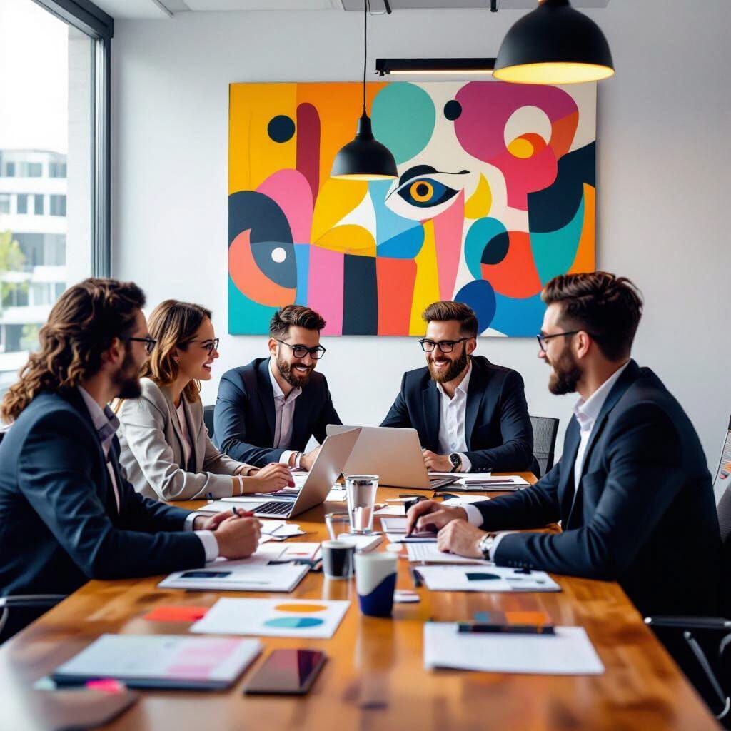 Teamwork in Modern Conference Room, Vibrant Abstract Style