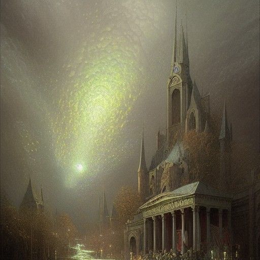 Ethereal Fantasy Churchyard in Mist, Oil Painting