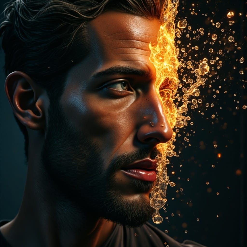 Fiery Icy Face Half Submerged in Water