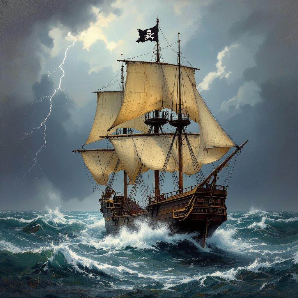 Pirate Ship on Stormy Sea with Lightning