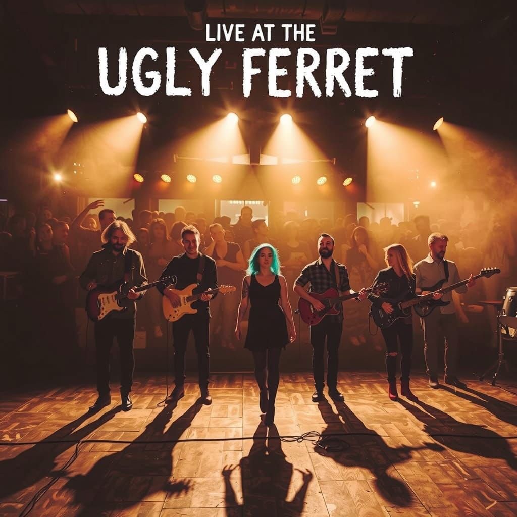 In a dimly lit, smoky dive bar, six musicians are mid-perfor...