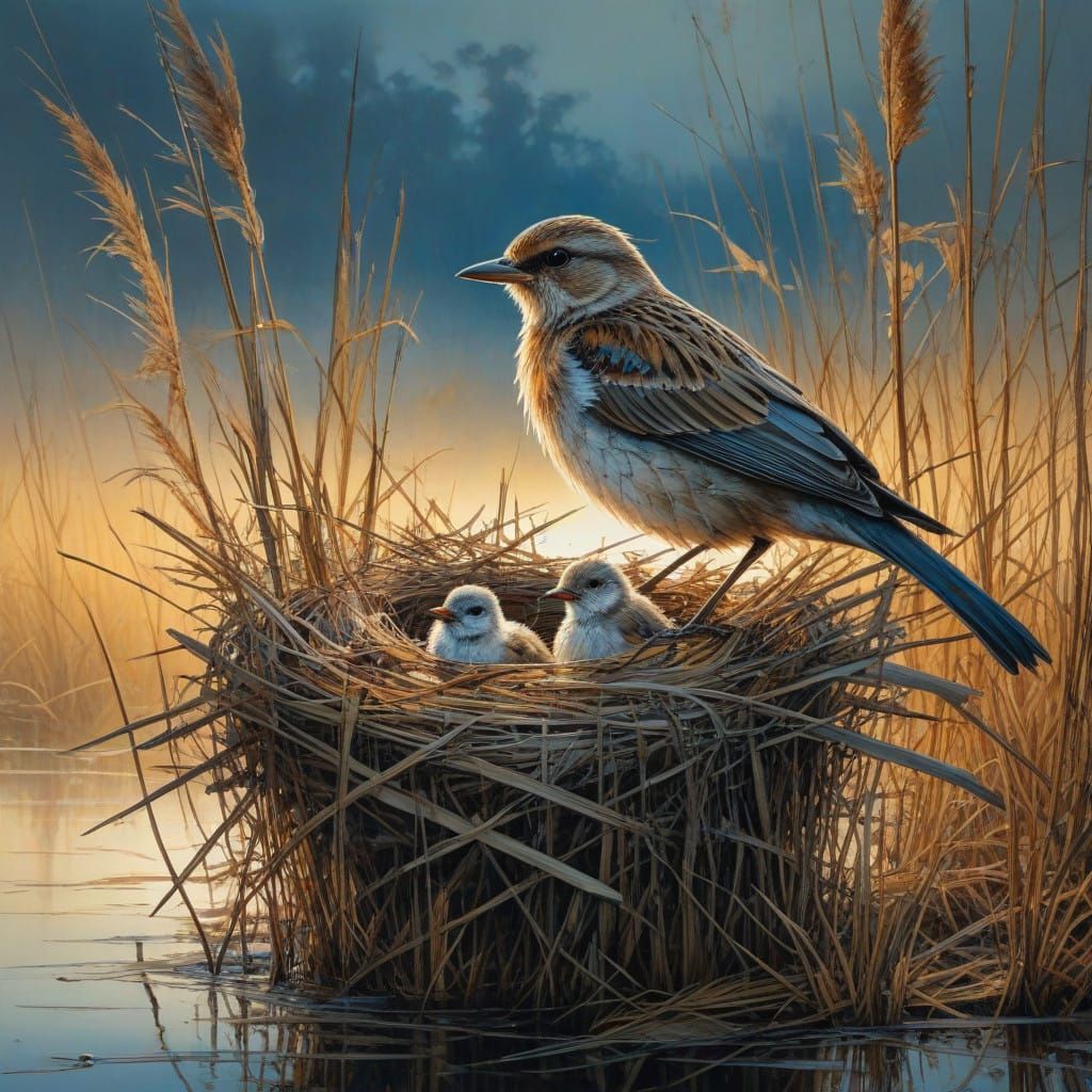 Bird's Nest in Reeds at Sunset: Fantasy Art