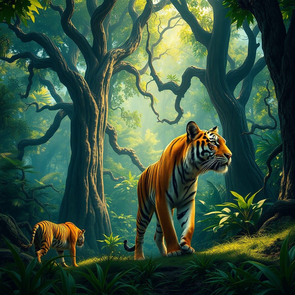 Majestic Bengal Tiger Stalking in a Tropical Rainforest Cano...