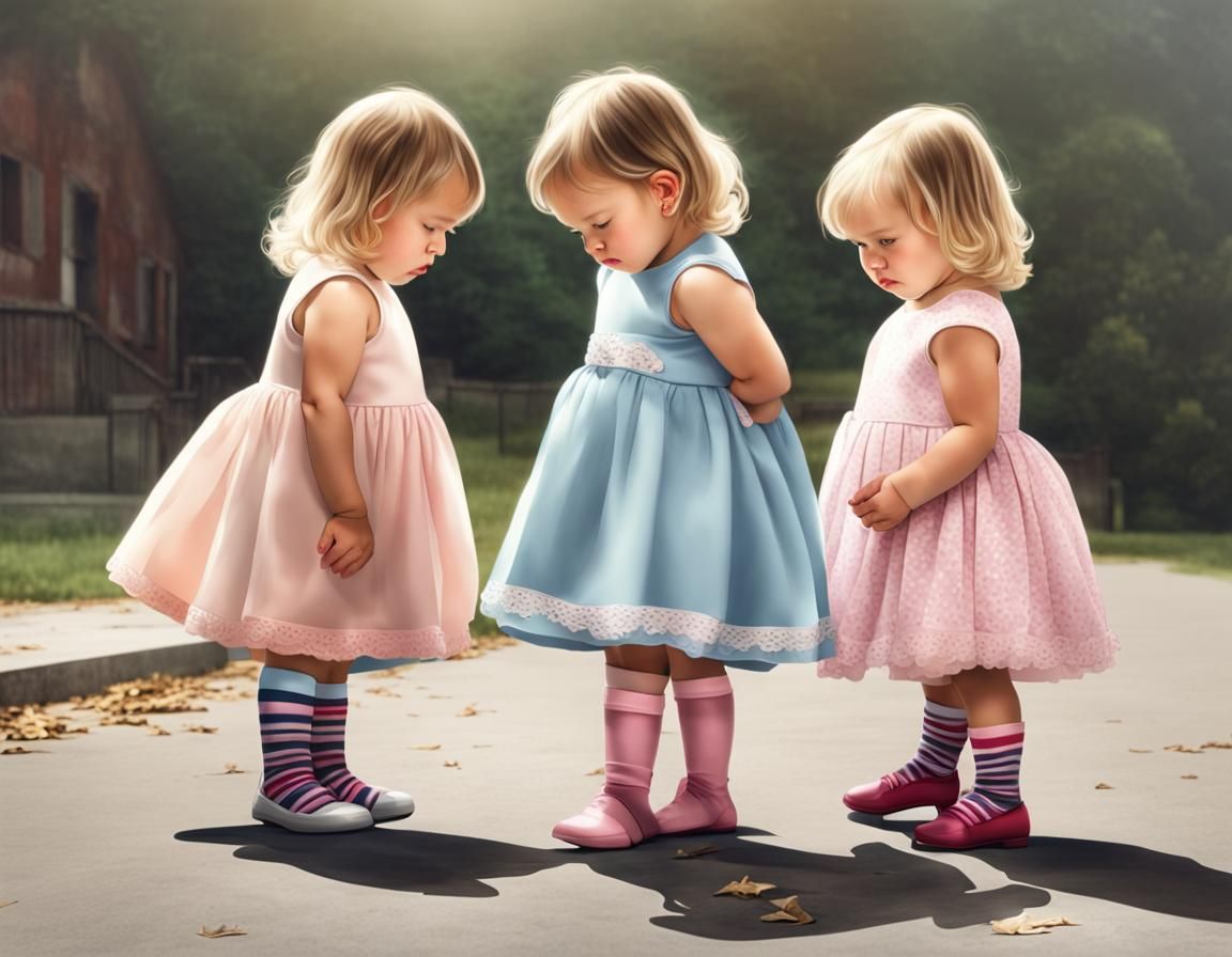 Toddler Girls Examining Ground in Photo Realistic Style