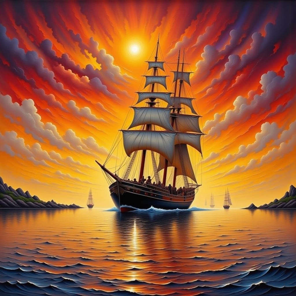 Pirate Ship Sailing into a Red Sunset
