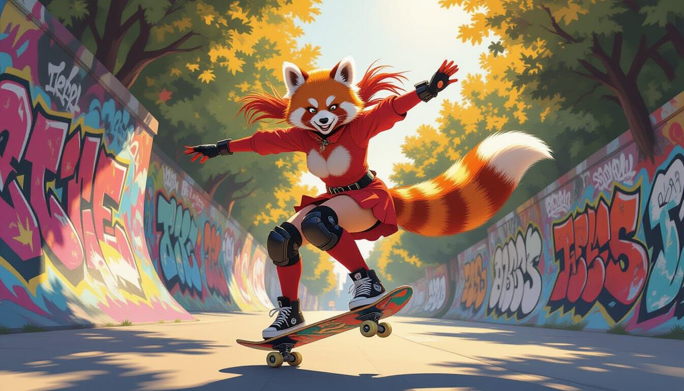 Skateboarding Red Panda Girl in Urban Park