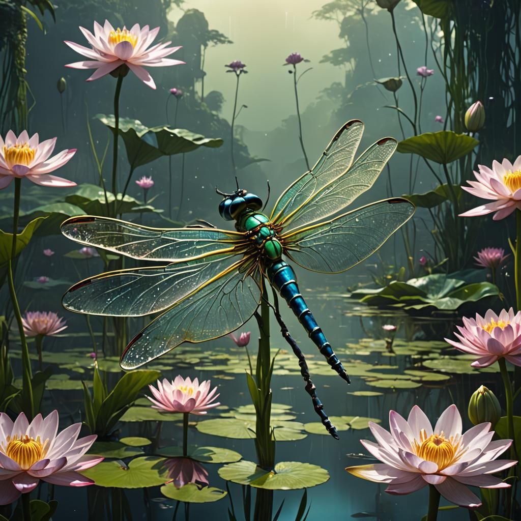 Glass Dragonfly and Water Lily: Digital Matte Painting
