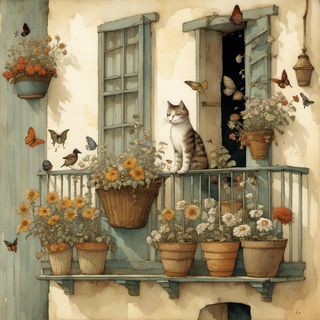 Blooming Balcony Scene with Cat and Nesting Birds