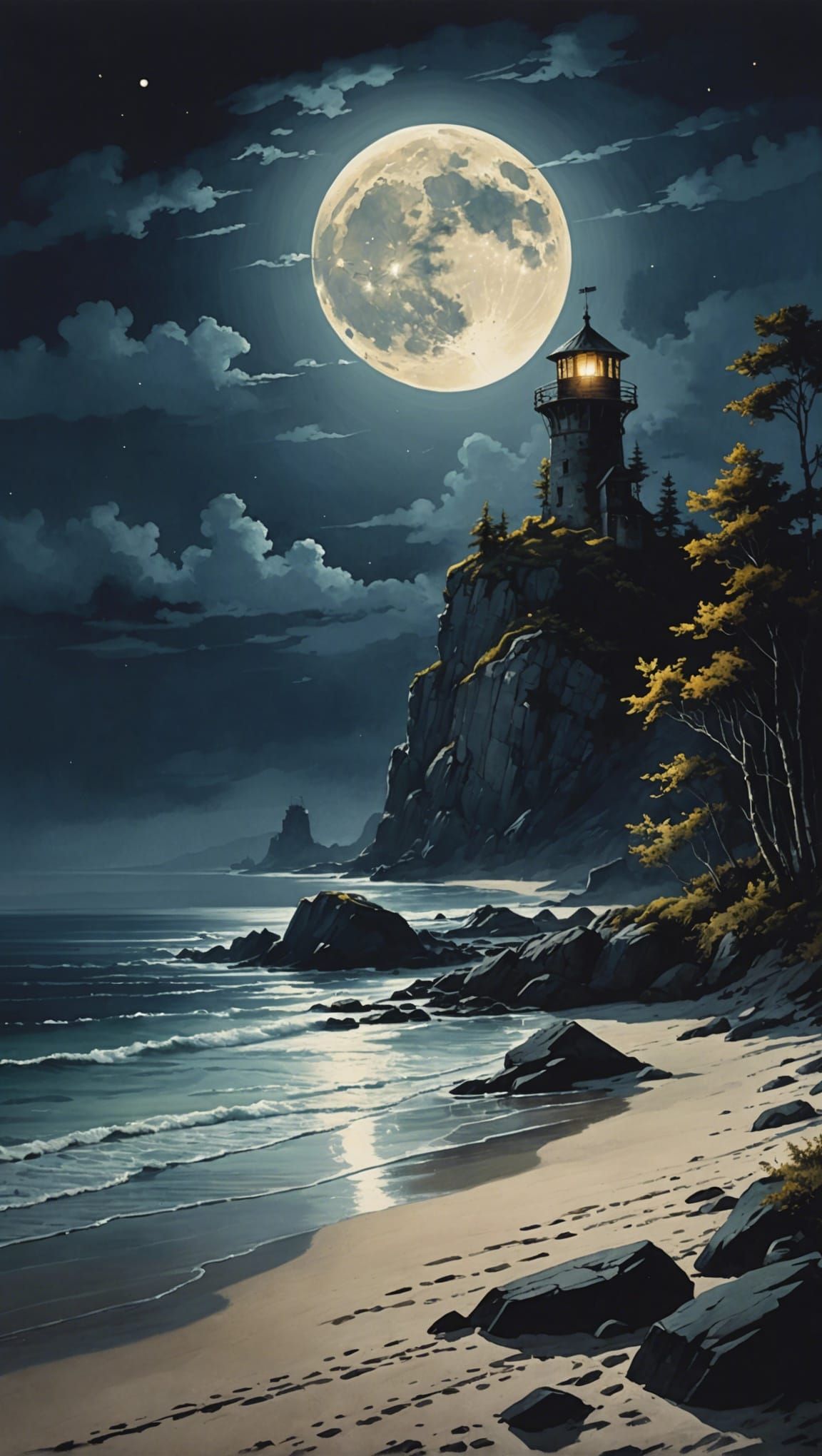 Night Beach Watchtower: Watercolour Matte Painting