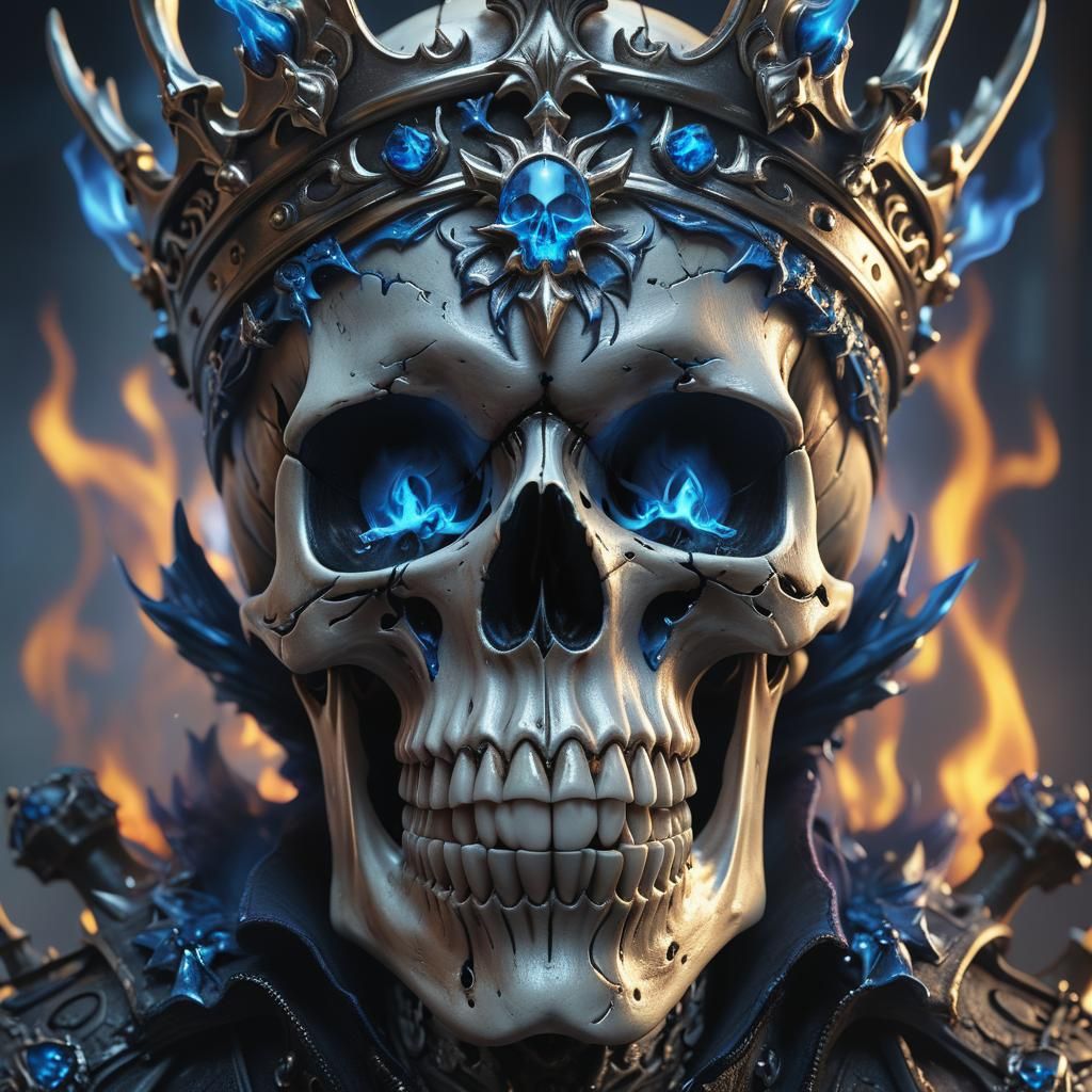 Colorful Skull with Crown and Flames, Gothic Art