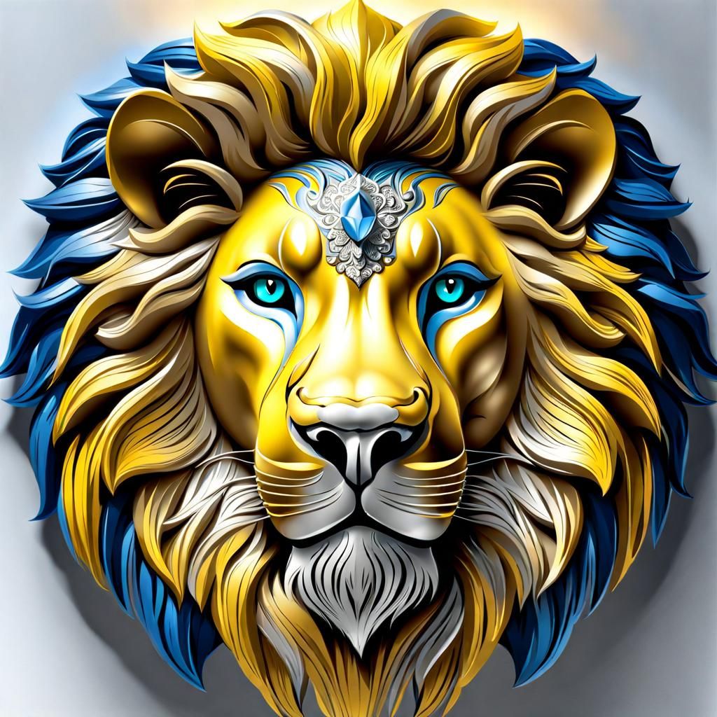 Detailed Frosted Lion Head in Blue and Yellow