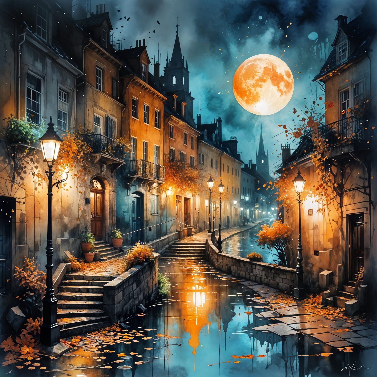 Autumn Staircase Scene with Vintage Lamps