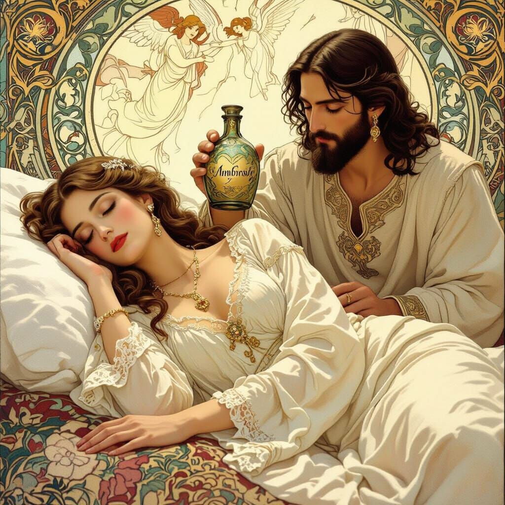 Woman Sleeping Beside Yeshua in Art Nouveau Style