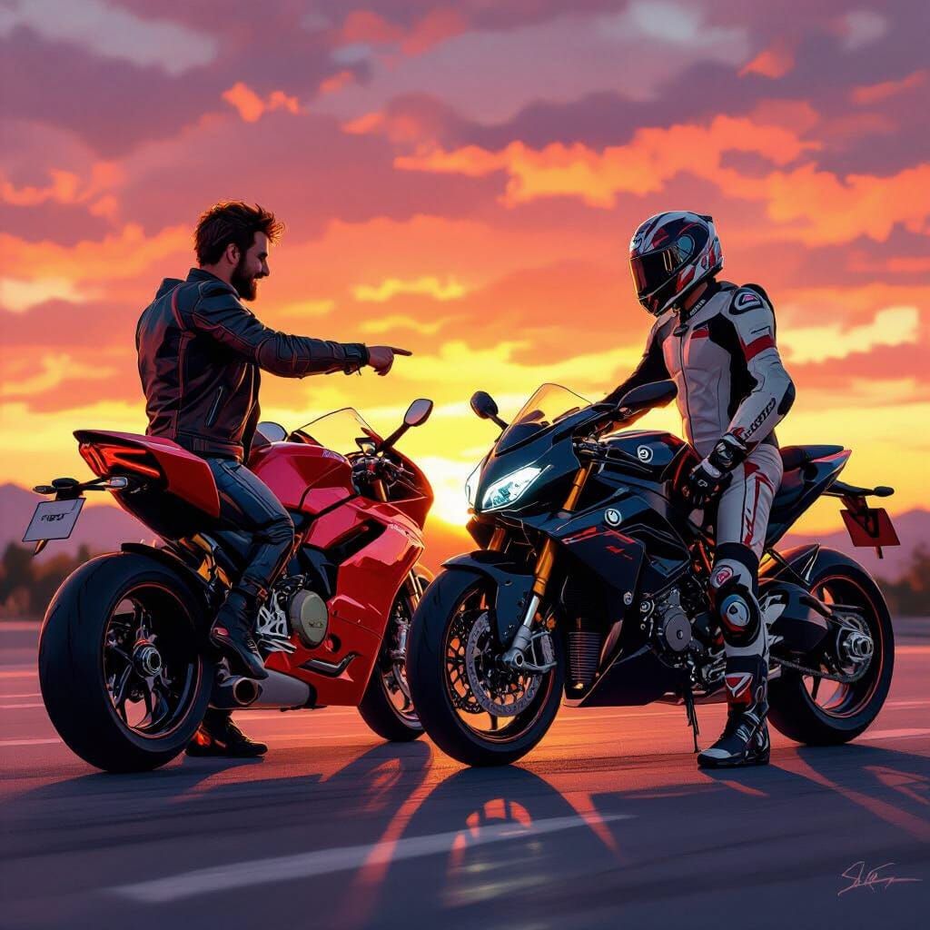 Friends Admire Ducati and BMW Superbikes at Sunset