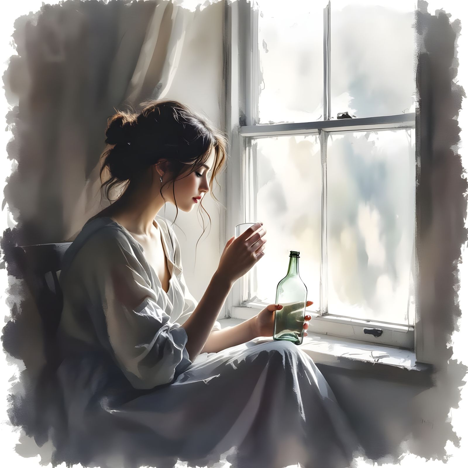 Woman Contemplating by Window in Watercolor Style