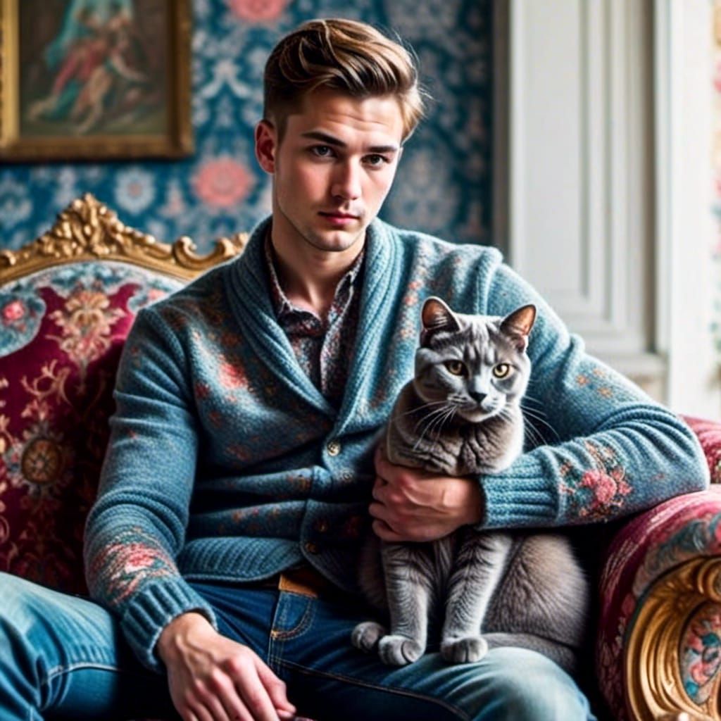 Handsome man with his Russian blue cat