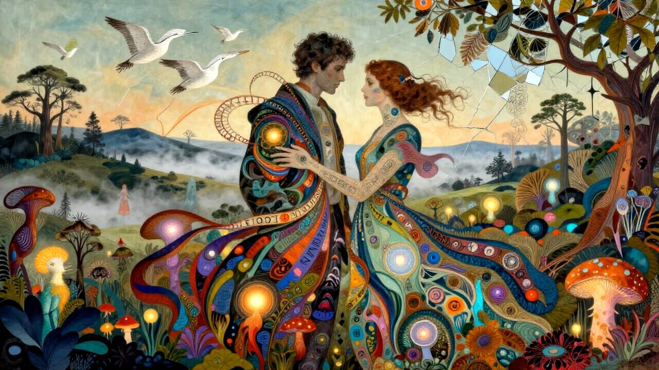 Ethereal Autumn Collage of Intertwined Figures