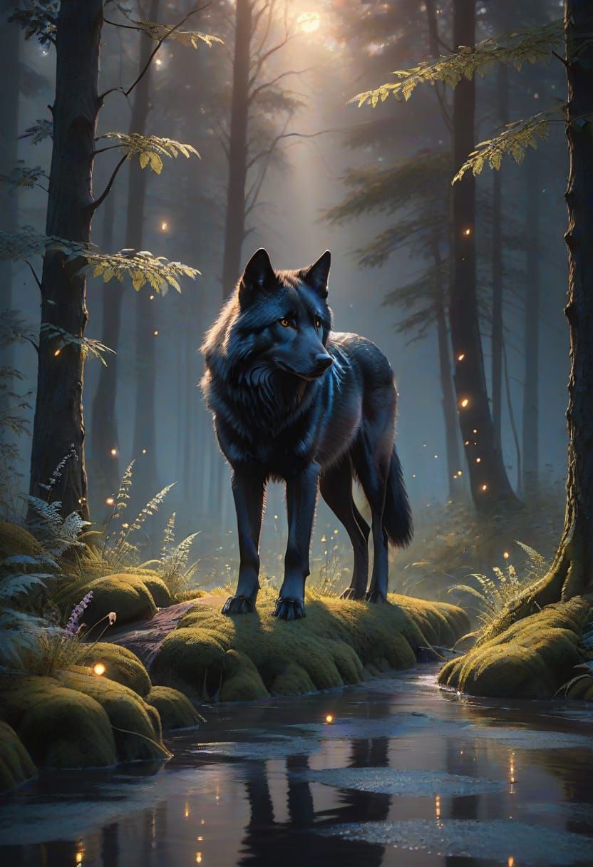 Majestic Black Wolf in Ethereal Forest Glow
