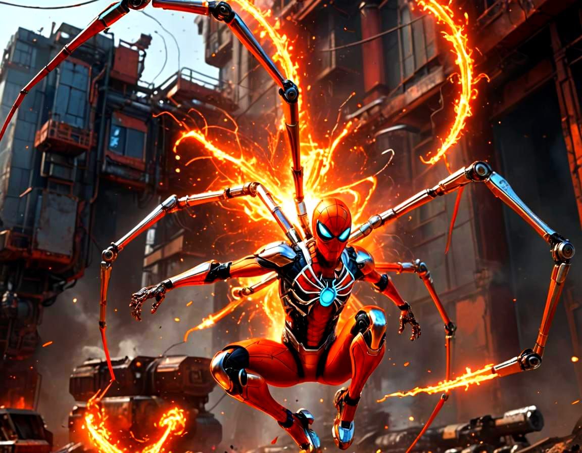 Cybernetic Spider Superhero with Fiery Aura