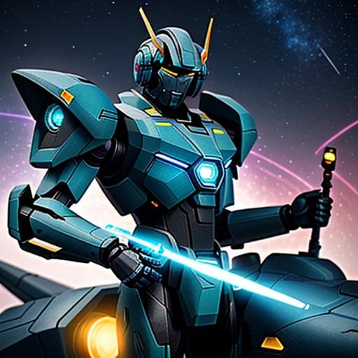 Mecha Pilot with Magic Staff in Sci-Fi Cockpit