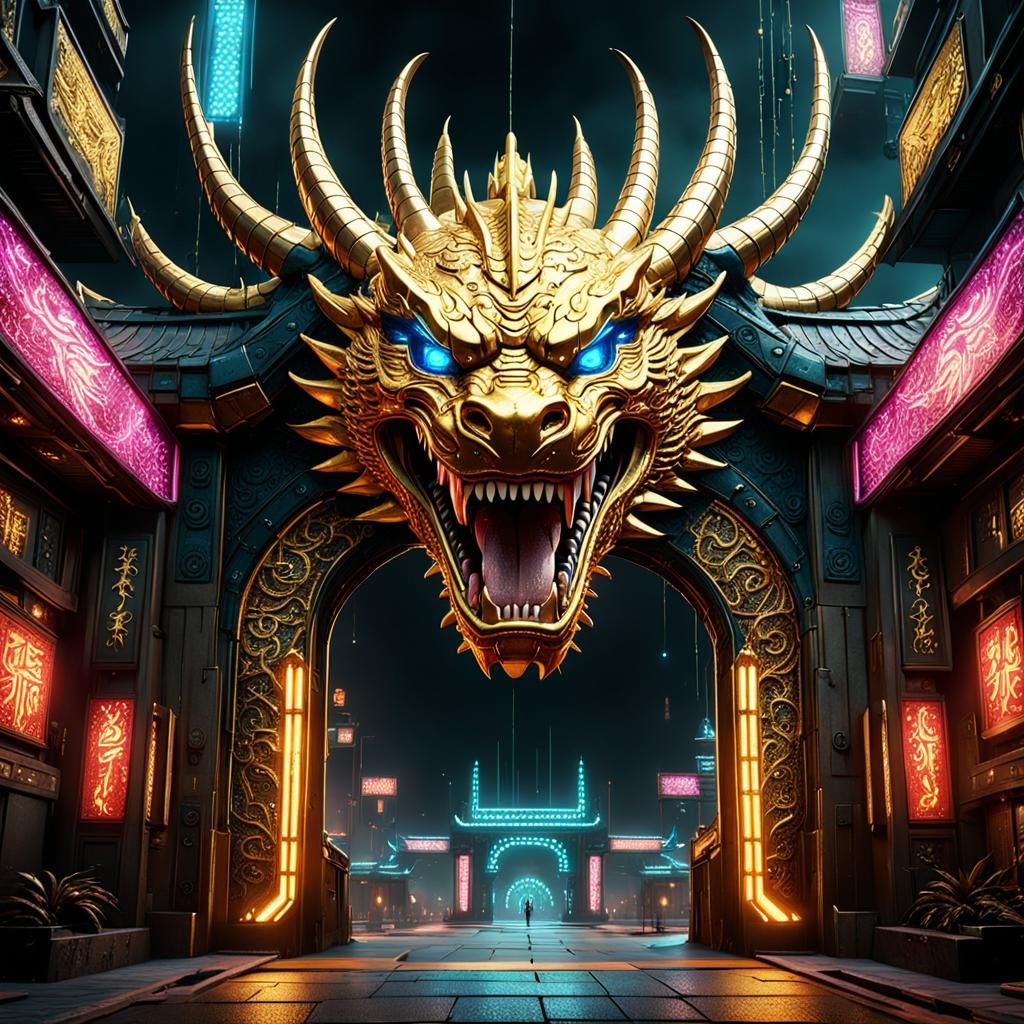 Golden Dragon Gate in Cyberpunk Style