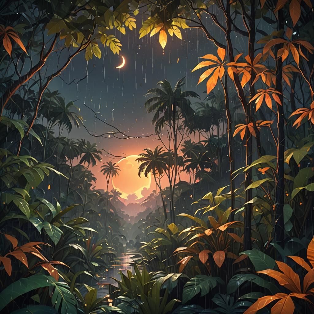 Low Poly Jungle Night with Moonbeams