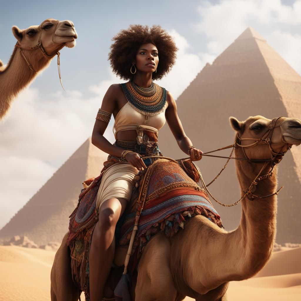 Black Woman on Camel Near Pyramids