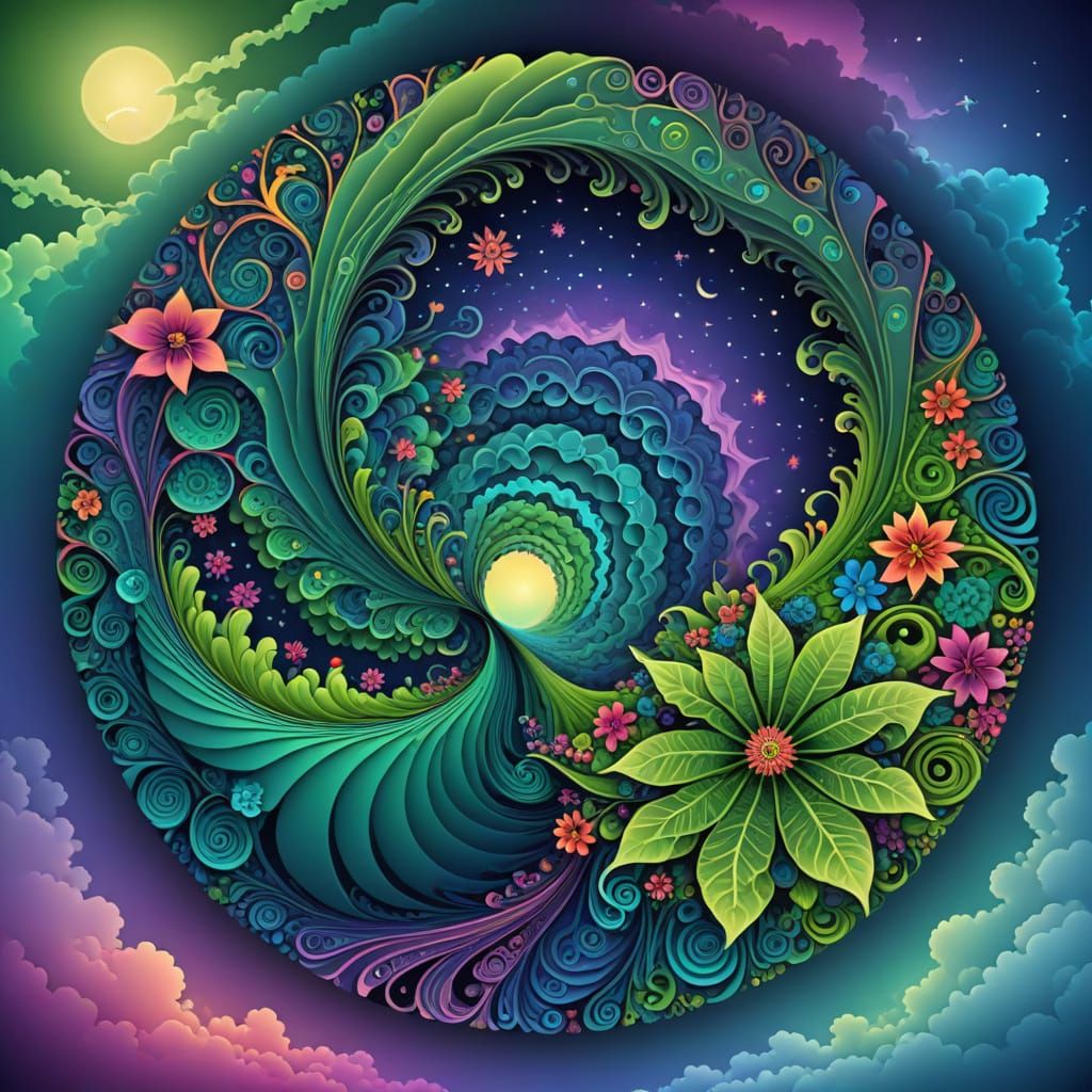 Abstract Mandala Island with Tropical Flowers