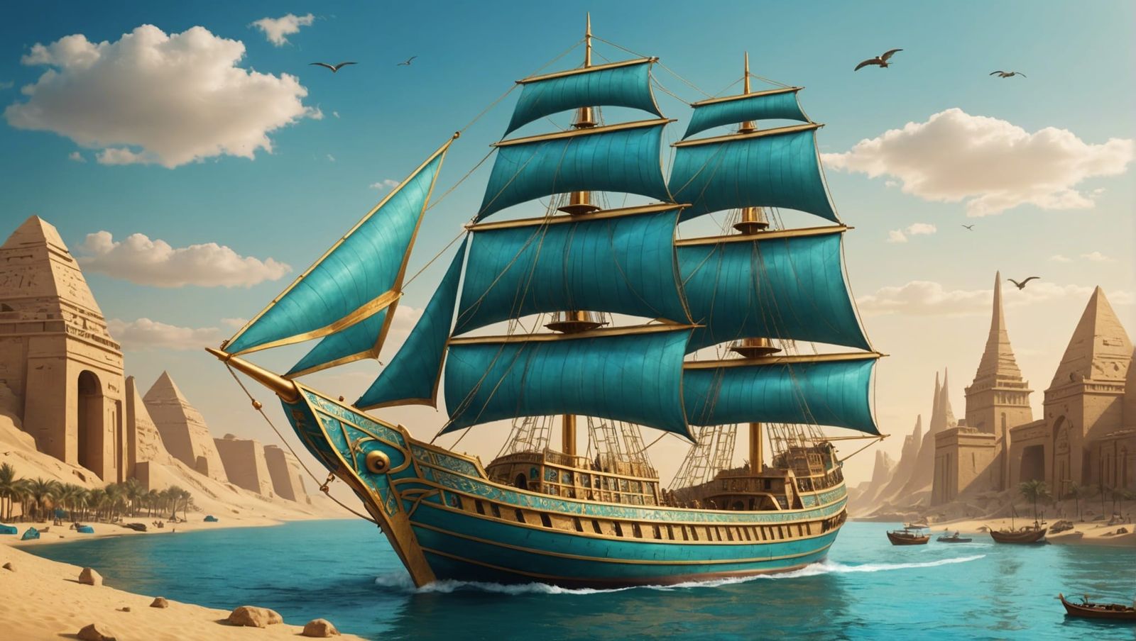 Egyptian Style Frigate with Golden and Cyan Colors