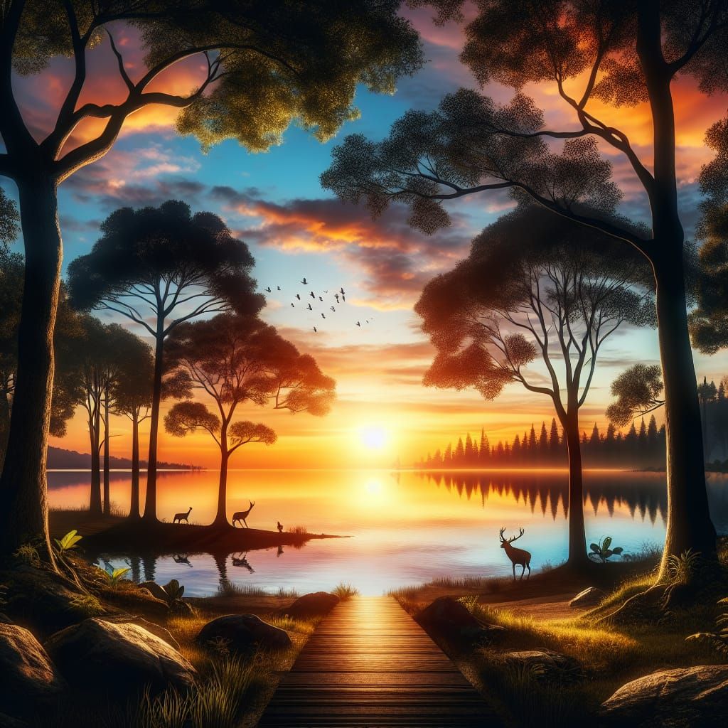 Brilliant Sunset Over Serene Lake Landscape
