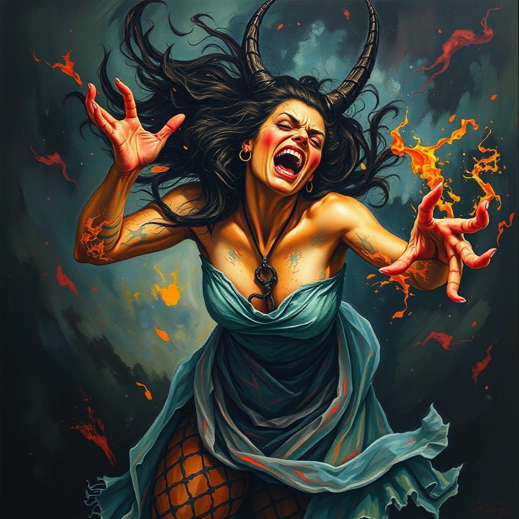 Woman in Diabolical Frenzy: Gouache Impressionist Masterpiec...