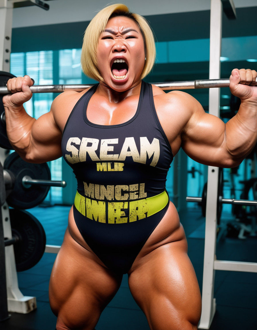 Plus Size Hyper Muscle Asian Bodybuilder Lifting in Multicol...